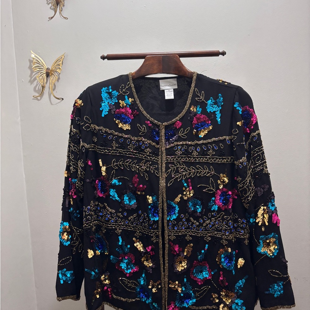 Vintage sequined Floral Embroidered Black Jacket